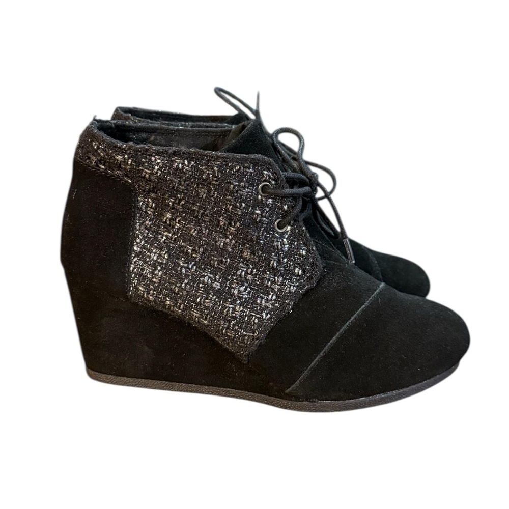 Toms Kala black suede lace-up wedge booties Silver tweed panel Women’s Size 8